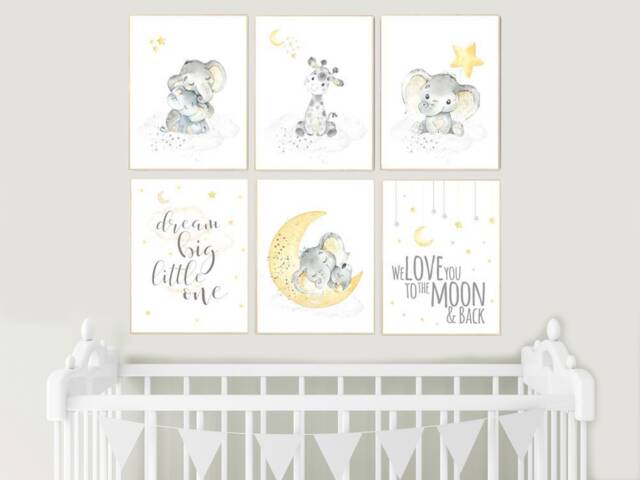 Elephant Giraffe Nursery Prints Yellow Gray Gender Neutral Wall Art - image 1