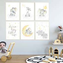 Elephant Giraffe Nursery Prints Yellow Gray Gender Neutral Wall Art - thumbnail 4