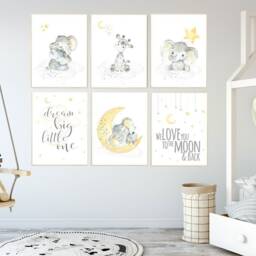 Elephant Giraffe Nursery Prints Yellow Gray Gender Neutral Wall Art - thumbnail 3