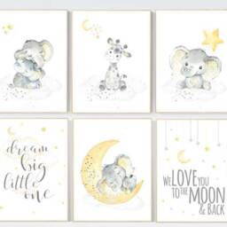 Elephant Giraffe Nursery Prints Yellow Gray Gender Neutral Wall Art - thumbnail 2