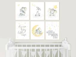 Elephant Giraffe Nursery Prints Yellow Gray Gender Neutral Wall Art - thumbnail 1