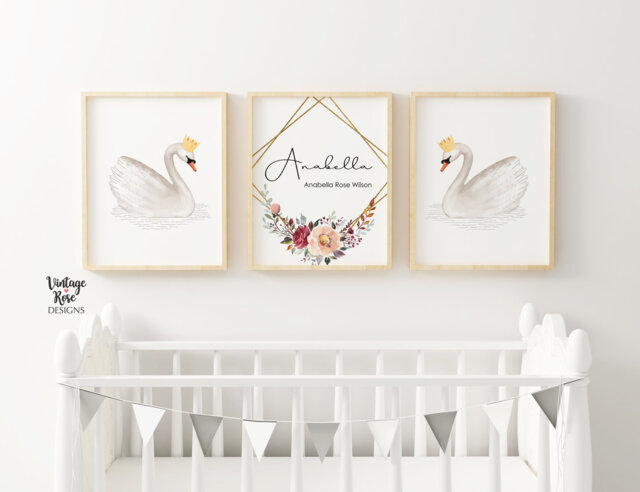 Set Of 3 Nursery Printables, {Digital Prints} Swan Decor, Girls Room Wall Art, Geometric Frame, Personalised Name Print - image 1