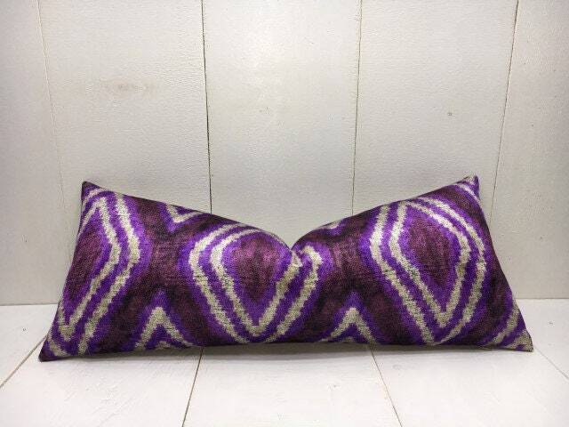 Handwoven Silk Ikat Lumbar Pillow Cover 10x24, Modern Home Decor - image 1
