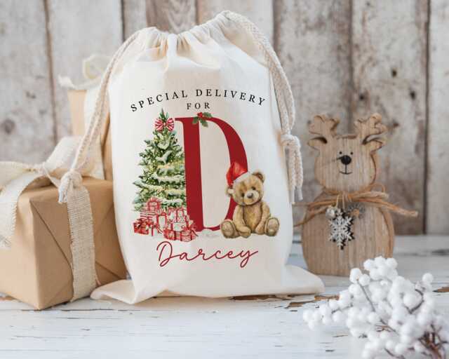 Xl Personalised Santa Sack, Christmas Gift Bag, Red Bear 1St Xmas Stocking Filler, Father Christmas, Traditional - image 1
