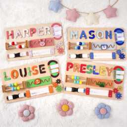 Personalized Baby Name Puzzle, Custom Kids Busy Board For Learning, Wooden 1st Birthday Gift, Shower Room Decor - thumbnail 3