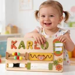 Personalized Baby Name Puzzle, Custom Kids Busy Board For Learning, Wooden 1st Birthday Gift, Shower Room Decor - thumbnail 1