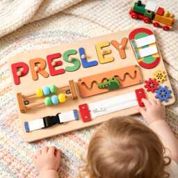 Personalized Baby Name Puzzle, Custom Kids Busy Board For Learning, Wooden 1st Birthday Gift, Shower Room Decor - thumbnail 2