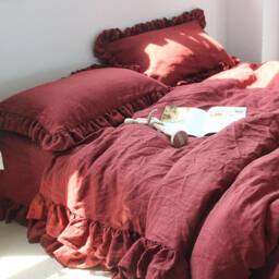 Christmas Red Linen Duvet Cover With Ruffles, Queen/King Quilt, Flat Sheet Pillowcase, Santa Gift