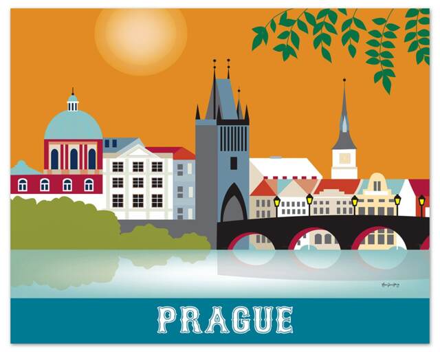 Prague Skyline Print, Art, Czech Republic Wall Retro Horizontal Travel Artwork, Art Gift - Style E8-O-Pra - image 1