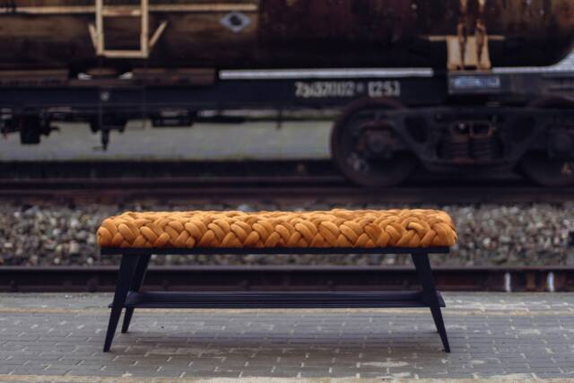 Handmade Woven Knot Bench With Shoe Rack, Metal Frame - image 1