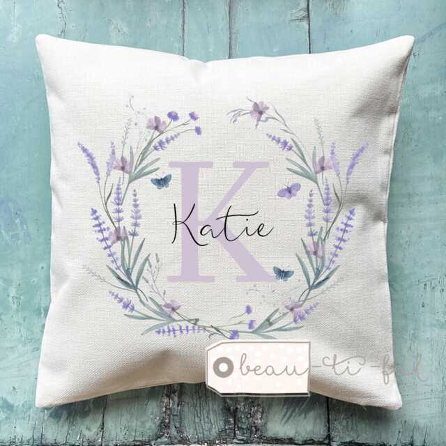 Personalised Name & Initial Lilac Wildflower Lavender Floral Design Home Quote Linen Style Cushion Cover