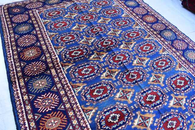 Handmade Afghan Wool Rug 6.5x4.9 Ft, Blue & Red Tribal Design - image 1