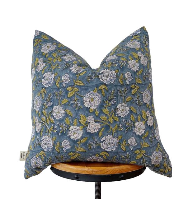 Hand Block Print Linen Pillow Cover Gray Blue Floral - image 1