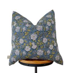 Hand Block Print Linen Pillow Cover Gray Blue Floral - thumbnail 1