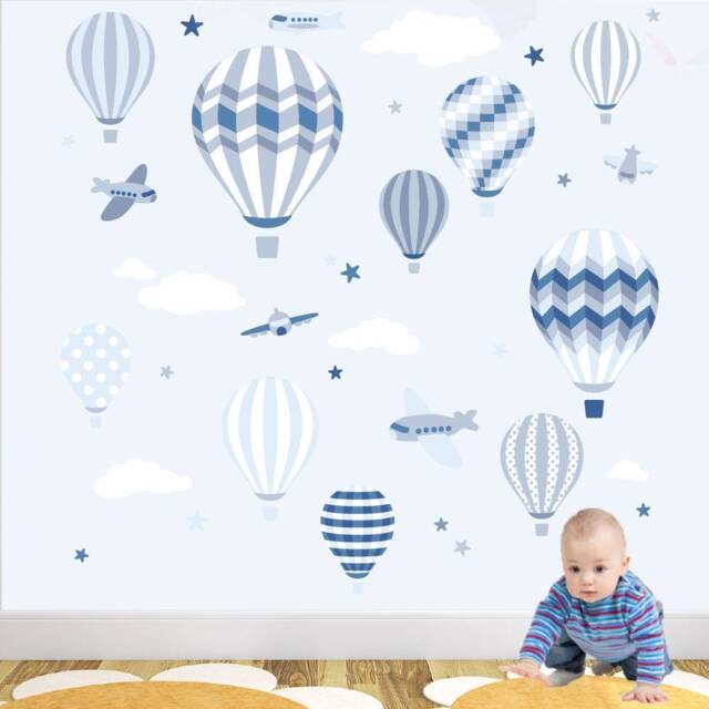 Hot Air Balloon Wall Stickers, Planes & Stars Decals Baby Boy Nursery Decor, Toddler Bedroom, Blue White Grey, Up Away Stencil - image 1