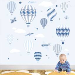 Hot Air Balloon Wall Stickers, Planes & Stars Decals Baby Boy Nursery Decor, Toddler Bedroom, Blue White Grey, Up Away Stencil - thumbnail 1