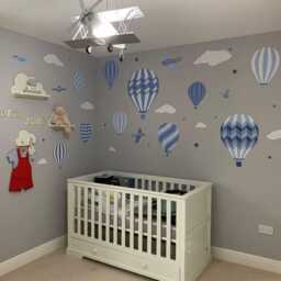 Hot Air Balloon Wall Stickers, Planes & Stars Decals Baby Boy Nursery Decor, Toddler Bedroom, Blue White Grey, Up Away Stencil - thumbnail 3