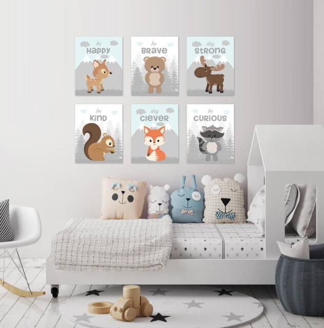 Woodland Animals Quotes Nursery Decor, Forest Creatures Baby Boy Room Wall Tree Mountains Wall Art Nordic, Set Of 6 Prints Or Canvas - image 1