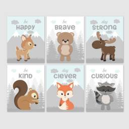 Woodland Animals Quotes Nursery Decor, Forest Creatures Baby Boy Room Wall Tree Mountains Wall Art Nordic, Set Of 6 Prints Or Canvas - thumbnail 3