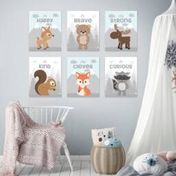 Woodland Animals Quotes Nursery Decor, Forest Creatures Baby Boy Room Wall Tree Mountains Wall Art Nordic, Set Of 6 Prints Or Canvas - thumbnail 2