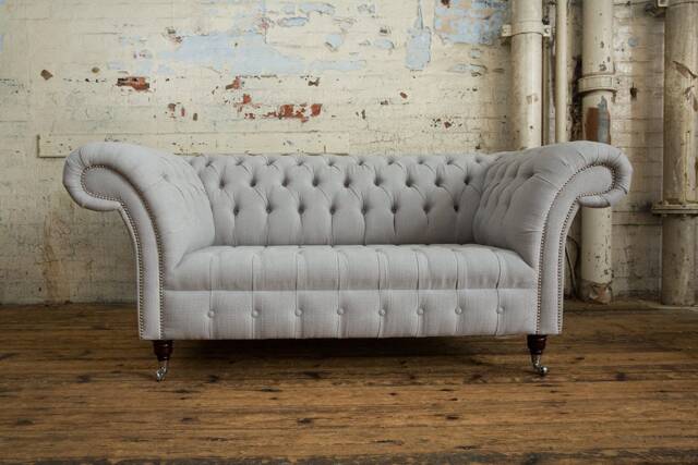 2 Seater Light Grey Linen Fabric Chesterfield Sofa, British Handmade Furniture - image 1