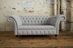 2 Seater Light Grey Linen Fabric Chesterfield Sofa, British Handmade Furniture