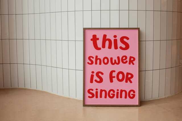 Pink & Red Shower Karaoke Print - Preppy Bathroom Prints, Girly Aesthetic, Trendy Restroom Print, Bright Colourful Art - image 1