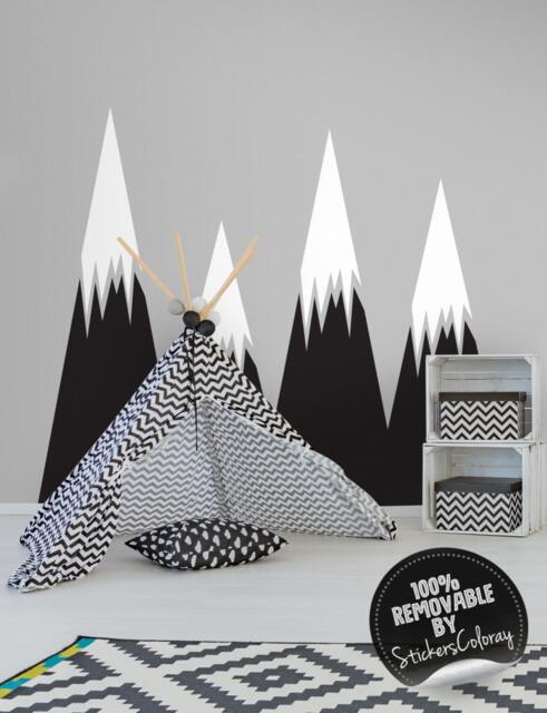 Scandinavian Style Wall Decor, Mountains Decal, Black & White Sticker For Kids Room, Nursery, Removable, Peel Stick #54 - image 1