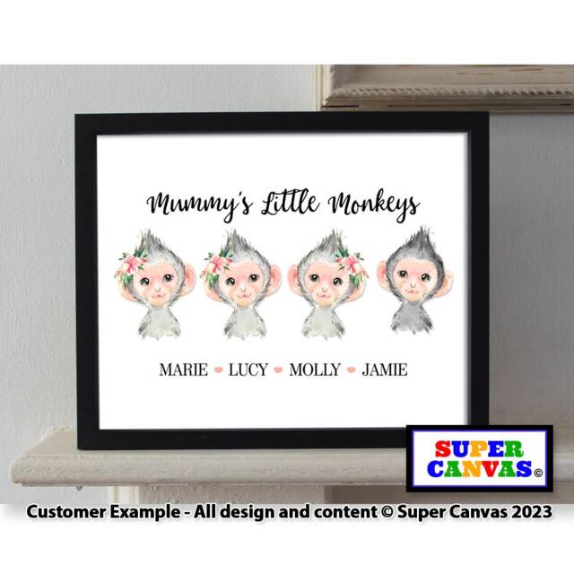 Mum Mummy Custom Cute Monkey Personalised Family Portrait Picture Wall Art Framed A4 A3 Print Handmade Birthday Mothers Day Present Gift - image 1