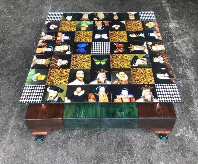 Square 4 Wood Beam Hand Finished Checkered Kings Coffee Table With Glass Top - image 1