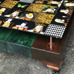 Square 4 Wood Beam Hand Finished Checkered Kings Coffee Table With Glass Top - thumbnail 2