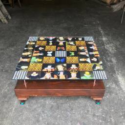 Square 4 Wood Beam Hand Finished Checkered Kings Coffee Table With Glass Top - thumbnail 4