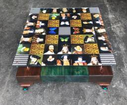 Square 4 Wood Beam Hand Finished Checkered Kings Coffee Table With Glass Top