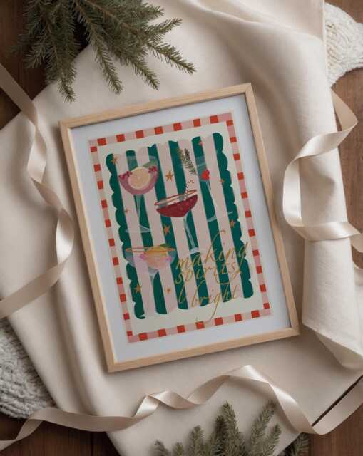 Christmas Cocktails Art Print Hand Drawn Holiday Home Decor - image 1