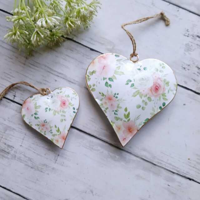 Metal Hanging Heart Decoration With Pink & White Flower - The Home Hearts Shop Rustic Shabby Wedding Gift Xmas - image 1