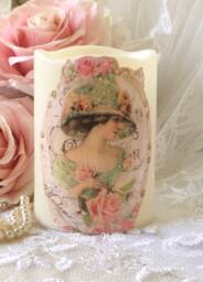 Shabby Chic Flameless Candle Victorian Lady & Pink Roses Decor - thumbnail 1