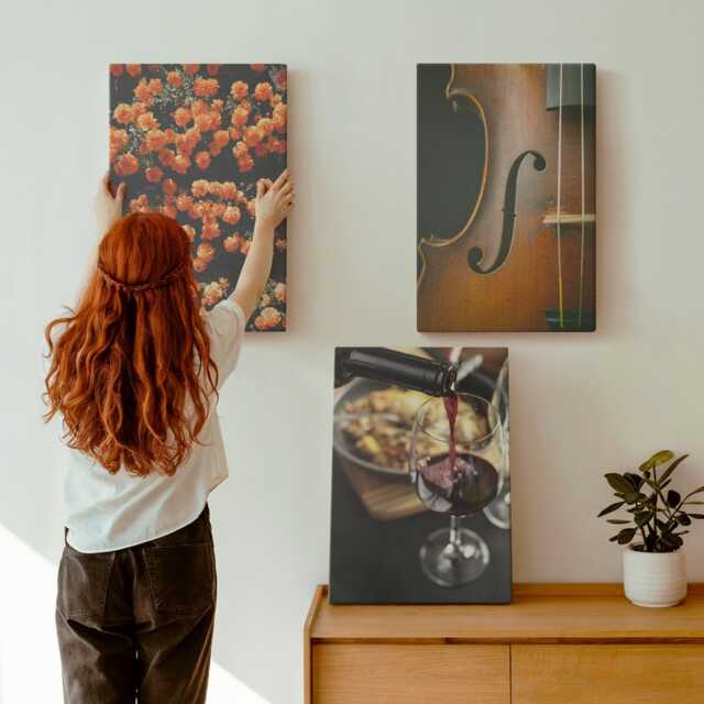 Canvas Art Set Of 3 - Vintage Romantic Flowers Wine & Violin, Brown Photo Print, Food Drinks Wall Decor - image 1
