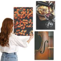 Canvas Art Set Of 3 - Vintage Romantic Flowers Wine & Violin, Brown Photo Print, Food Drinks Wall Decor - thumbnail 3