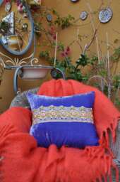 Embroidery Pillow, Hand Embroidery, Vintage Style Bohemian Style, Silk Velvet Cushion, Blue Flowers Pillow