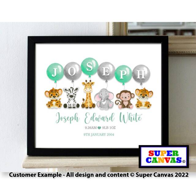 Baby Safari Jungle Animal Boy Girl Personalised Name Nursery Picture Framed A4 A3 Print Its A Son Christening 1st Birthday Baptism Gift - image 1