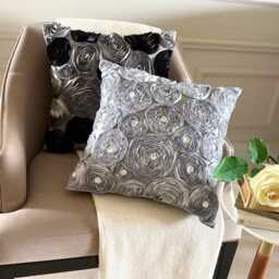 "Black & Silver Ribbon Embroidered Rose Decorative Throw Pillow Cover, 16""x16" - thumbnail 3
