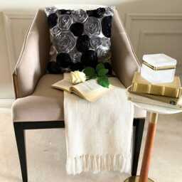 "Black & Silver Ribbon Embroidered Rose Decorative Throw Pillow Cover, 16""x16" - thumbnail 2
