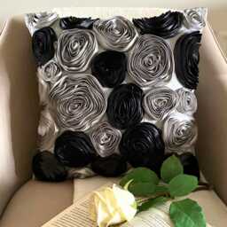 "Black & Silver Ribbon Embroidered Rose Decorative Throw Pillow Cover, 16""x16" - thumbnail 1
