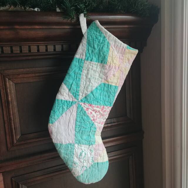 Shabby Quilt Christmas Stocking, Repurposed Vintage Holiday Stocking in Bright Aqua/ Mint & Pink Patchwork - image 1