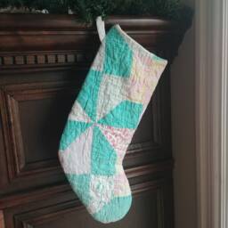 Shabby Quilt Christmas Stocking, Repurposed Vintage Holiday Stocking in Bright Aqua/ Mint & Pink Patchwork