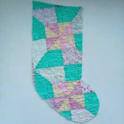 Shabby Quilt Christmas Stocking, Repurposed Vintage Holiday Stocking in Bright Aqua/ Mint & Pink Patchwork - thumbnail 4