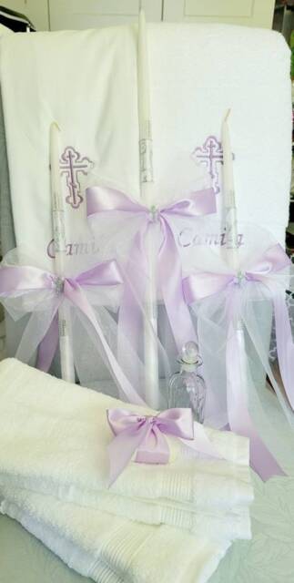 Personalized Lavender Set. Towels, Candles & Oil Sheet For Greek Orthodox Baptism, Embroidered, Monogrammed Soap Bottle - image 1