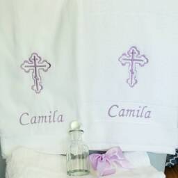 Personalized Lavender Set. Towels, Candles & Oil Sheet For Greek Orthodox Baptism, Embroidered, Monogrammed Soap Bottle - thumbnail 3