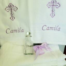 Personalized Lavender Set. Towels, Candles & Oil Sheet For Greek Orthodox Baptism, Embroidered, Monogrammed Soap Bottle - thumbnail 2