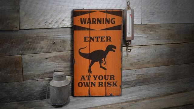 Warning Sign Decor, Wooden Dinosaur Dino, Sign, Sale Wall Decor - Old Signs - image 1